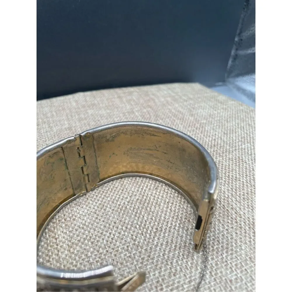 Vintage Silver Tone Wide Cuff Bangle Bracelet Scrolled Fancy Safety Chain